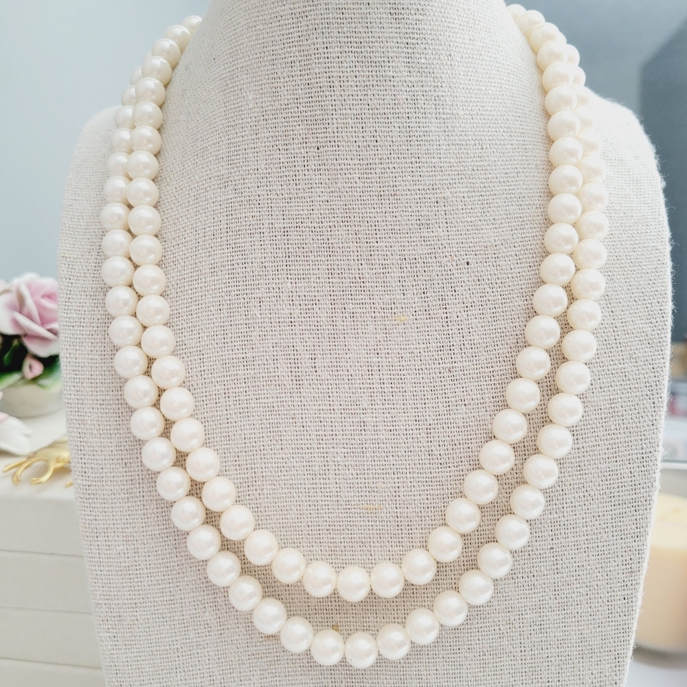 VINTAGE KLJ pink pansy double strand faux pearl necklace and earrings set - Picture 5 of 14